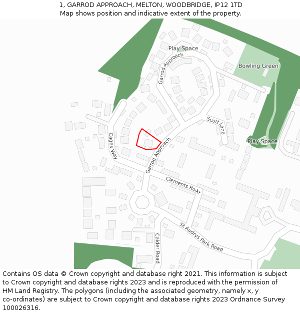 1, GARROD APPROACH, MELTON, WOODBRIDGE, IP12 1TD: Location map and indicative extent of plot