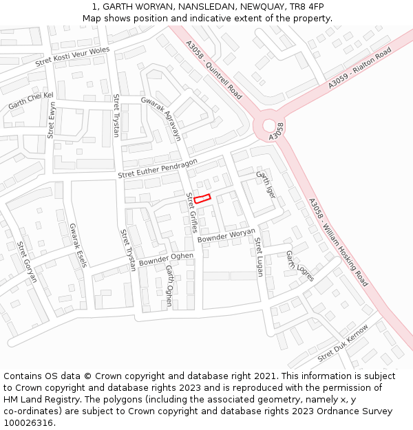 1, GARTH WORYAN, NANSLEDAN, NEWQUAY, TR8 4FP: Location map and indicative extent of plot