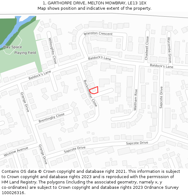 1, GARTHORPE DRIVE, MELTON MOWBRAY, LE13 1EX: Location map and indicative extent of plot