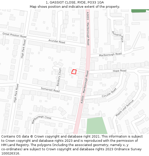 1, GASSIOT CLOSE, RYDE, PO33 1GA: Location map and indicative extent of plot