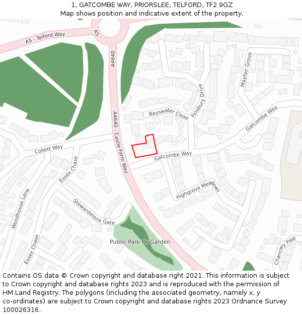 1, GATCOMBE WAY, PRIORSLEE, TELFORD, TF2 9GZ: Location map and indicative extent of plot