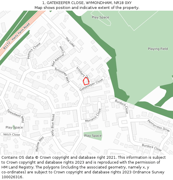 1, GATEKEEPER CLOSE, WYMONDHAM, NR18 0XY: Location map and indicative extent of plot