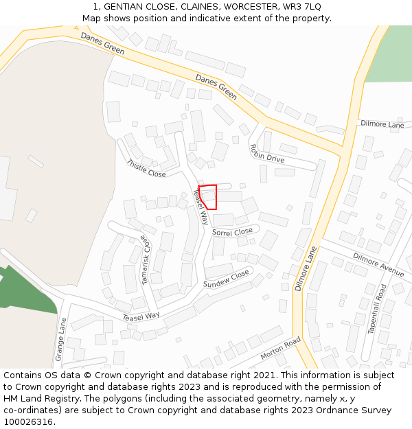 1, GENTIAN CLOSE, CLAINES, WORCESTER, WR3 7LQ: Location map and indicative extent of plot