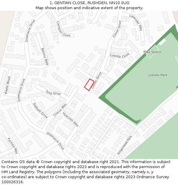 1, GENTIAN CLOSE, RUSHDEN, NN10 0UG: Location map and indicative extent of plot
