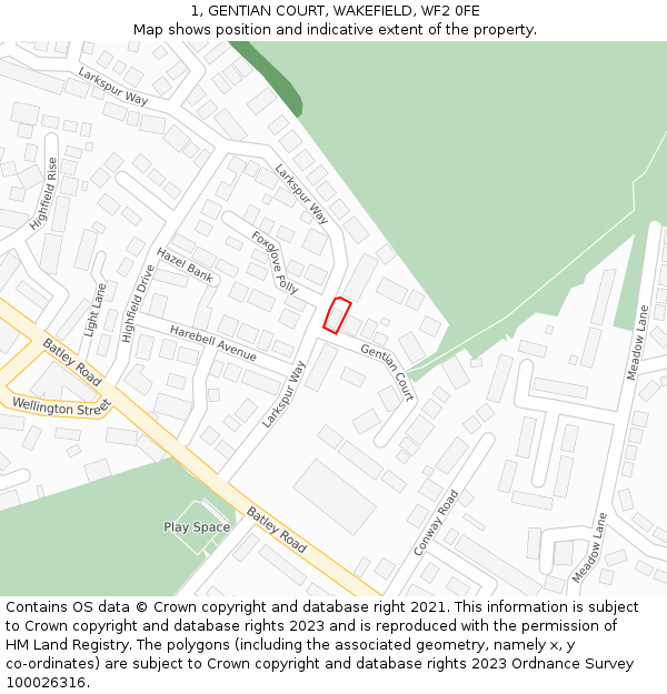 1, GENTIAN COURT, WAKEFIELD, WF2 0FE: Location map and indicative extent of plot