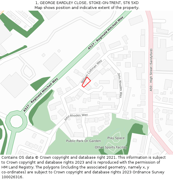 1, GEORGE EARDLEY CLOSE, STOKE-ON-TRENT, ST6 5XD: Location map and indicative extent of plot