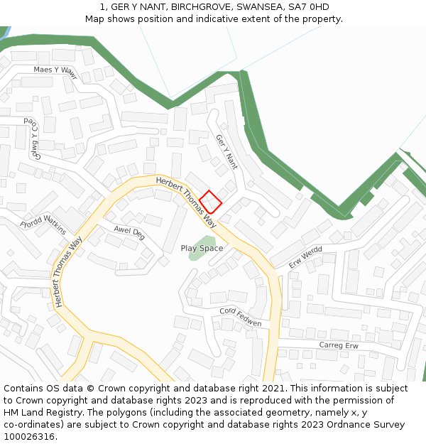 1, GER Y NANT, BIRCHGROVE, SWANSEA, SA7 0HD: Location map and indicative extent of plot