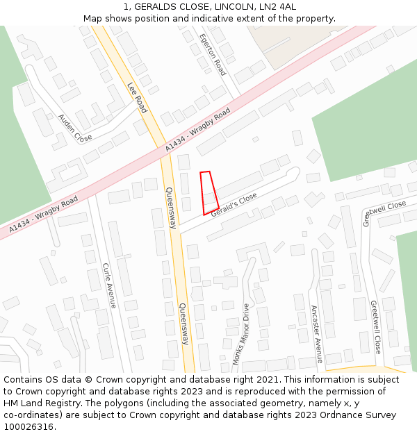 1, GERALDS CLOSE, LINCOLN, LN2 4AL: Location map and indicative extent of plot