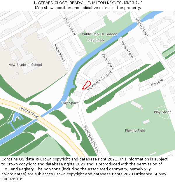 1, GERARD CLOSE, BRADVILLE, MILTON KEYNES, MK13 7UF: Location map and indicative extent of plot