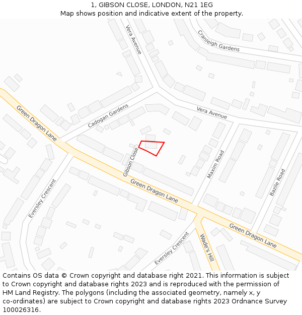 1, GIBSON CLOSE, LONDON, N21 1EG: Location map and indicative extent of plot