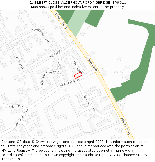 1, GILBERT CLOSE, ALDERHOLT, FORDINGBRIDGE, SP6 3LU: Location map and indicative extent of plot