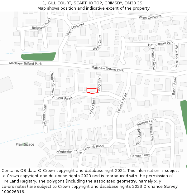 1, GILL COURT, SCARTHO TOP, GRIMSBY, DN33 3SH: Location map and indicative extent of plot