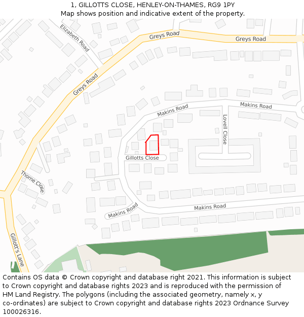 1, GILLOTTS CLOSE, HENLEY-ON-THAMES, RG9 1PY: Location map and indicative extent of plot