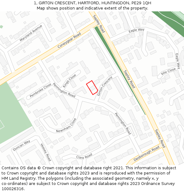 1, GIRTON CRESCENT, HARTFORD, HUNTINGDON, PE29 1QH: Location map and indicative extent of plot