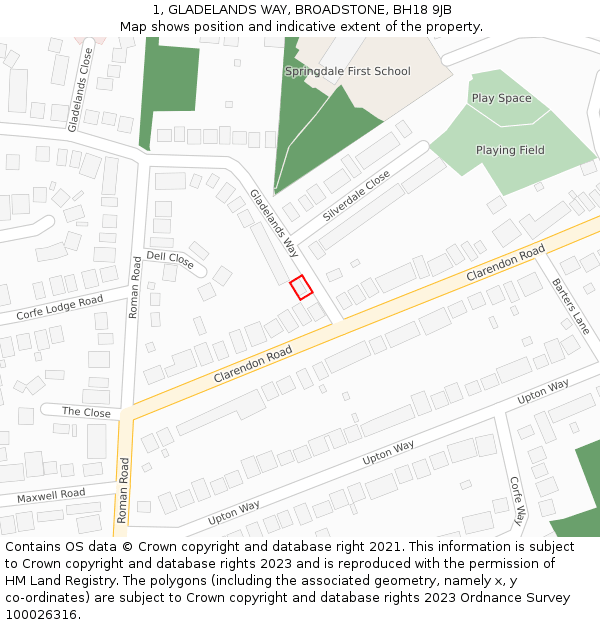 1, GLADELANDS WAY, BROADSTONE, BH18 9JB: Location map and indicative extent of plot