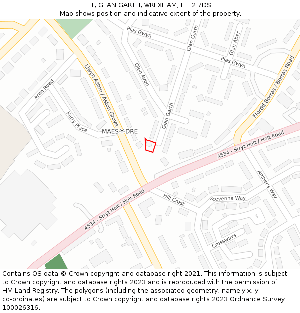 1, GLAN GARTH, WREXHAM, LL12 7DS: Location map and indicative extent of plot