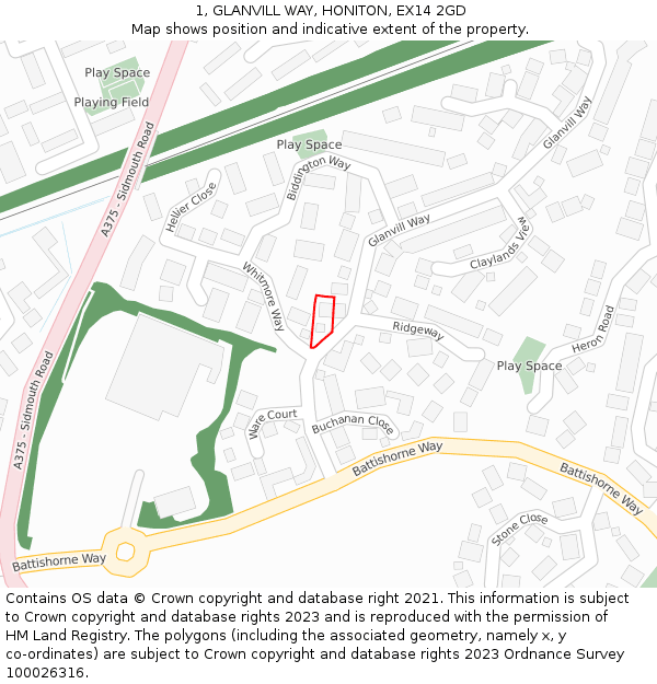 1, GLANVILL WAY, HONITON, EX14 2GD: Location map and indicative extent of plot