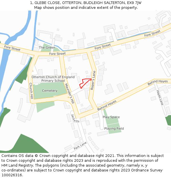 1, GLEBE CLOSE, OTTERTON, BUDLEIGH SALTERTON, EX9 7JW: Location map and indicative extent of plot