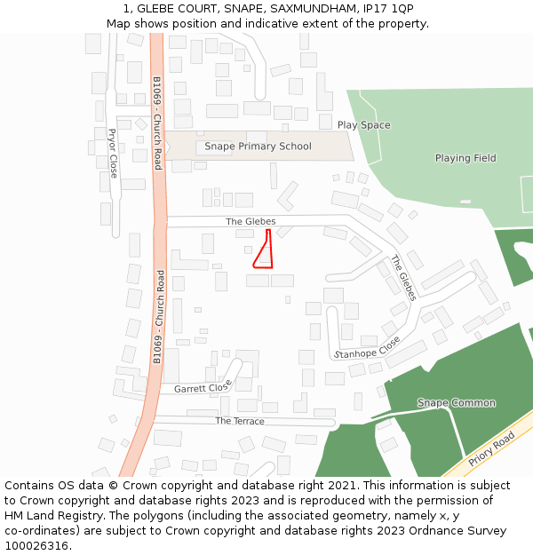 1, GLEBE COURT, SNAPE, SAXMUNDHAM, IP17 1QP: Location map and indicative extent of plot