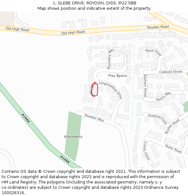 1, GLEBE DRIVE, ROYDON, DISS, IP22 5BB: Location map and indicative extent of plot