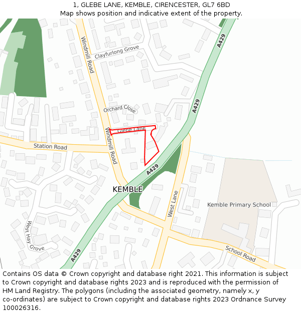 1, GLEBE LANE, KEMBLE, CIRENCESTER, GL7 6BD: Location map and indicative extent of plot