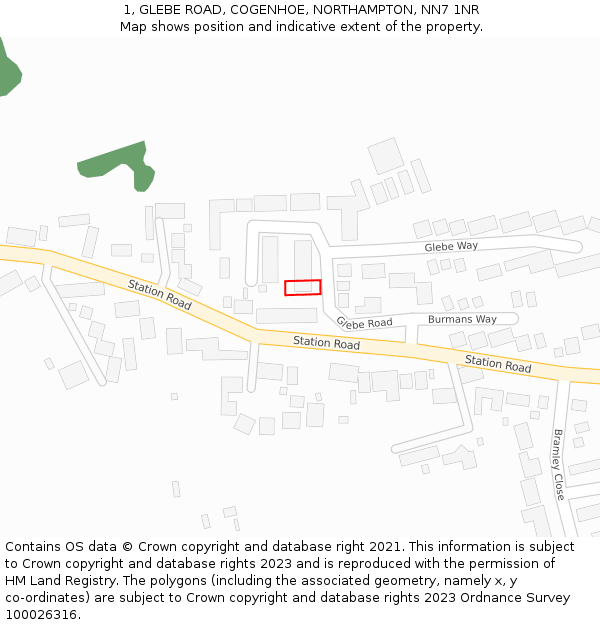 1, GLEBE ROAD, COGENHOE, NORTHAMPTON, NN7 1NR: Location map and indicative extent of plot