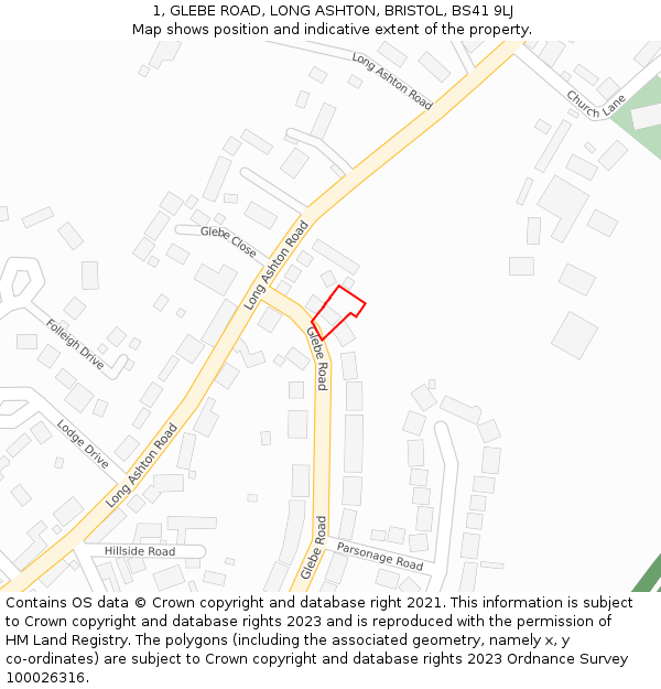 1, GLEBE ROAD, LONG ASHTON, BRISTOL, BS41 9LJ: Location map and indicative extent of plot