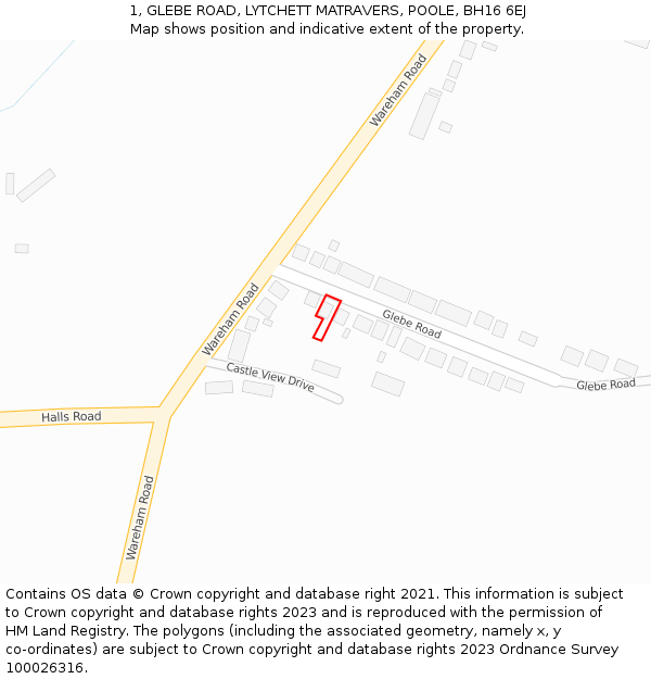 1, GLEBE ROAD, LYTCHETT MATRAVERS, POOLE, BH16 6EJ: Location map and indicative extent of plot