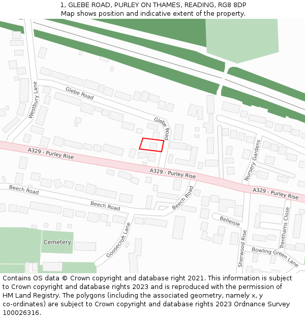 1, GLEBE ROAD, PURLEY ON THAMES, READING, RG8 8DP: Location map and indicative extent of plot