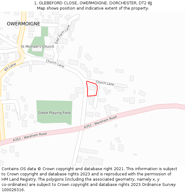 1, GLEBEFORD CLOSE, OWERMOIGNE, DORCHESTER, DT2 8JJ: Location map and indicative extent of plot