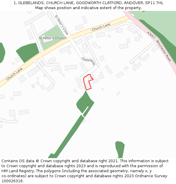 1, GLEBELANDS, CHURCH LANE, GOODWORTH CLATFORD, ANDOVER, SP11 7HL: Location map and indicative extent of plot