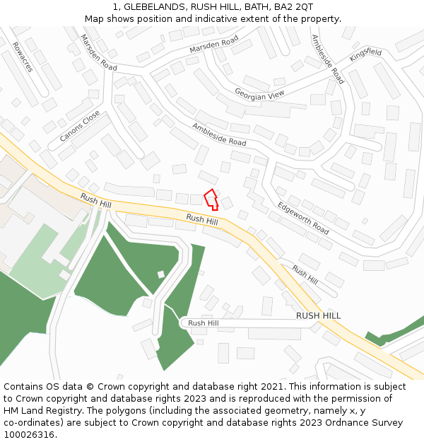 1, GLEBELANDS, RUSH HILL, BATH, BA2 2QT: Location map and indicative extent of plot