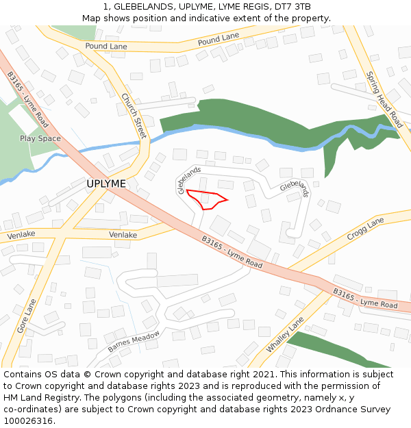 1, GLEBELANDS, UPLYME, LYME REGIS, DT7 3TB: Location map and indicative extent of plot