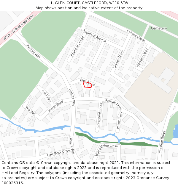 1, GLEN COURT, CASTLEFORD, WF10 5TW: Location map and indicative extent of plot