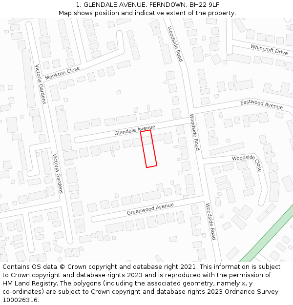 1, GLENDALE AVENUE, FERNDOWN, BH22 9LF: Location map and indicative extent of plot