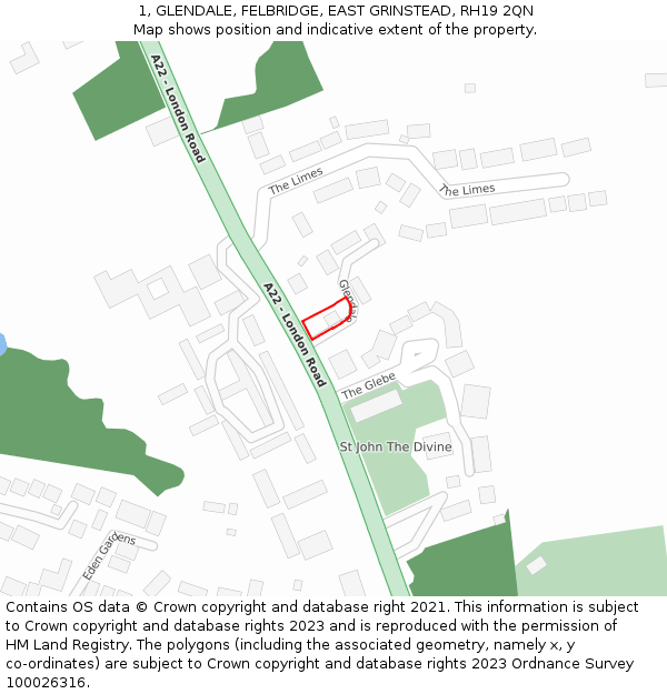 1, GLENDALE, FELBRIDGE, EAST GRINSTEAD, RH19 2QN: Location map and indicative extent of plot