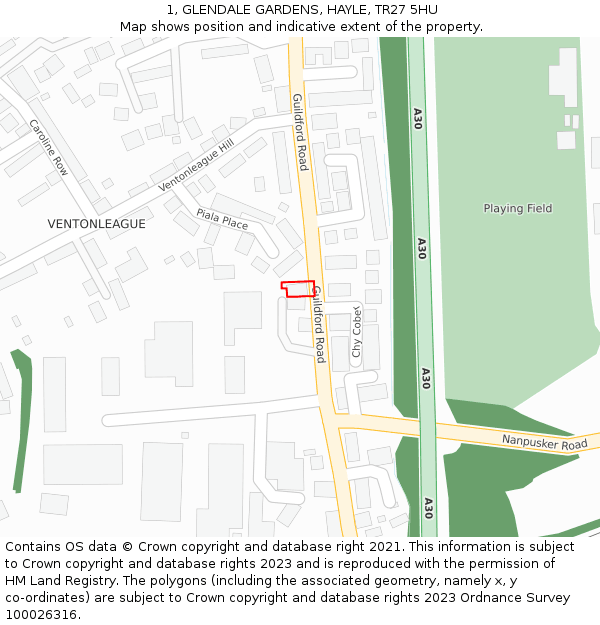 1, GLENDALE GARDENS, HAYLE, TR27 5HU: Location map and indicative extent of plot