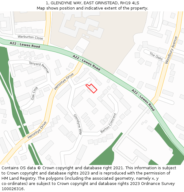 1, GLENDYNE WAY, EAST GRINSTEAD, RH19 4LS: Location map and indicative extent of plot