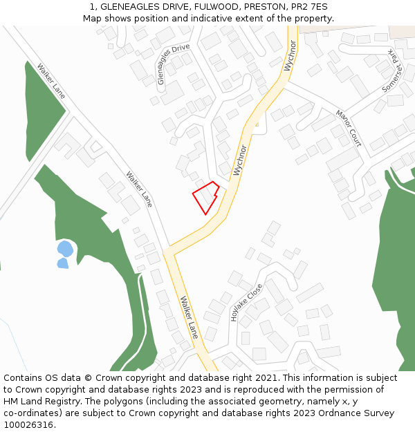 1, GLENEAGLES DRIVE, FULWOOD, PRESTON, PR2 7ES: Location map and indicative extent of plot