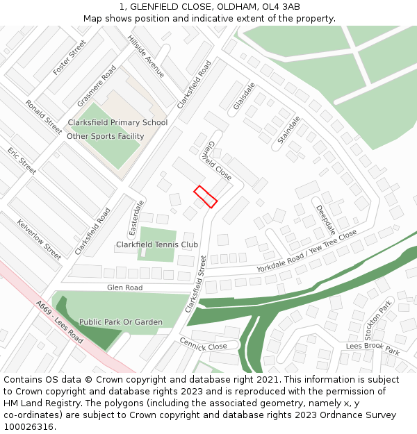 1, GLENFIELD CLOSE, OLDHAM, OL4 3AB: Location map and indicative extent of plot