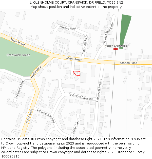 1, GLENHOLME COURT, CRANSWICK, DRIFFIELD, YO25 9NZ: Location map and indicative extent of plot