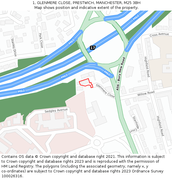 1, GLENMERE CLOSE, PRESTWICH, MANCHESTER, M25 3BH: Location map and indicative extent of plot