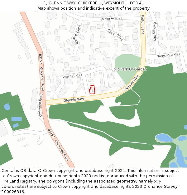 1, GLENNIE WAY, CHICKERELL, WEYMOUTH, DT3 4LJ: Location map and indicative extent of plot