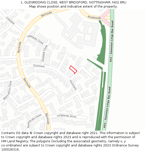 1, GLENRIDDING CLOSE, WEST BRIDGFORD, NOTTINGHAM, NG2 6RU: Location map and indicative extent of plot