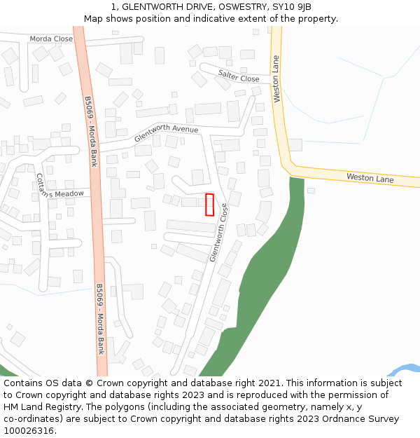 1, GLENTWORTH DRIVE, OSWESTRY, SY10 9JB: Location map and indicative extent of plot