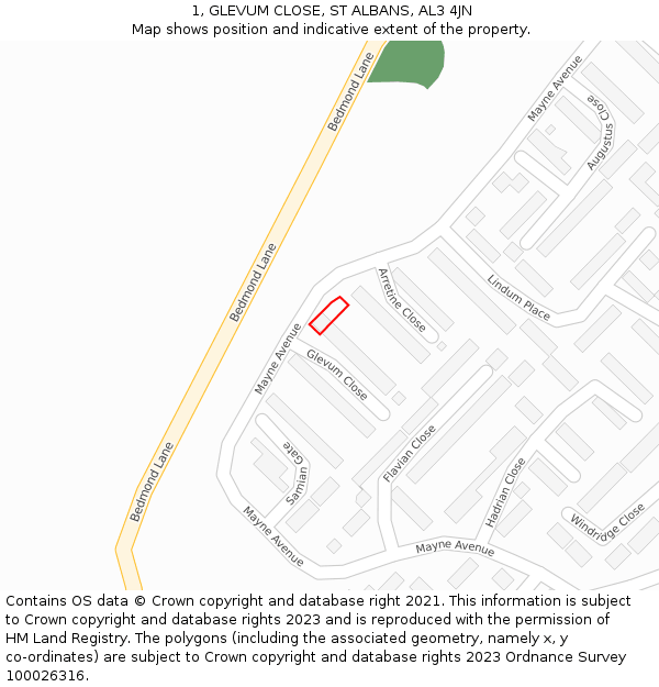 1, GLEVUM CLOSE, ST ALBANS, AL3 4JN: Location map and indicative extent of plot