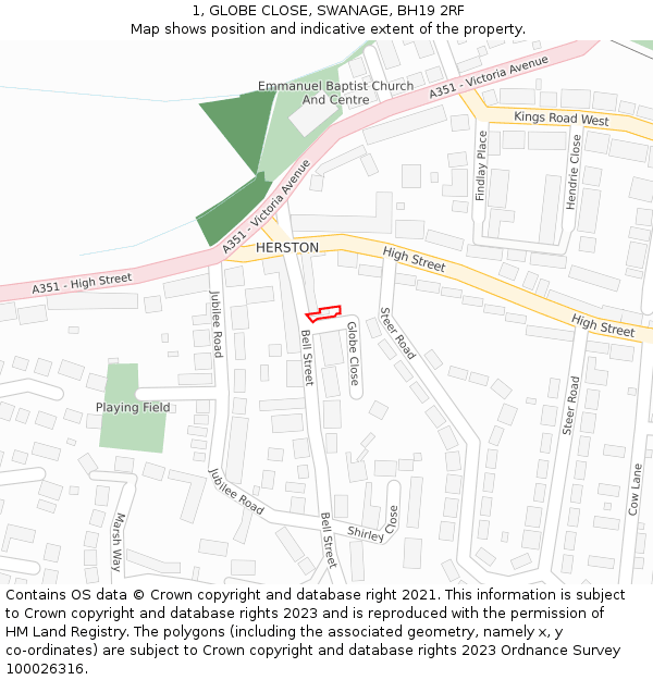 1, GLOBE CLOSE, SWANAGE, BH19 2RF: Location map and indicative extent of plot