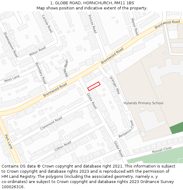 1, GLOBE ROAD, HORNCHURCH, RM11 1BS: Location map and indicative extent of plot