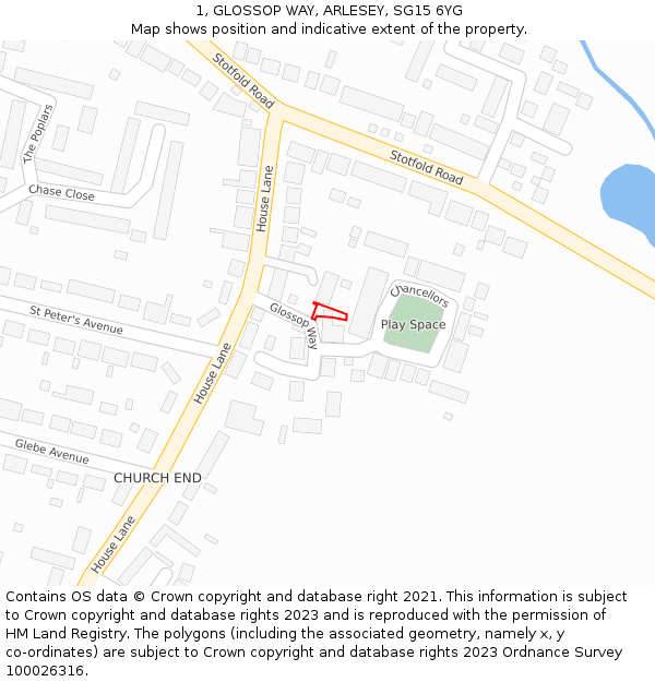 1, GLOSSOP WAY, ARLESEY, SG15 6YG: Location map and indicative extent of plot