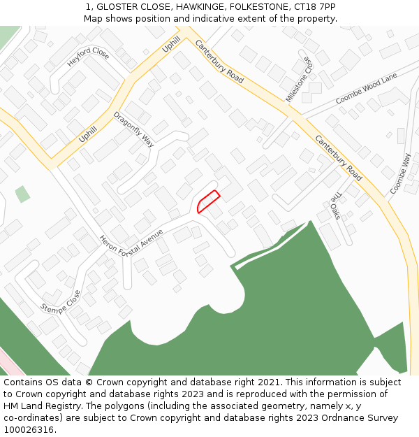 1, GLOSTER CLOSE, HAWKINGE, FOLKESTONE, CT18 7PP: Location map and indicative extent of plot